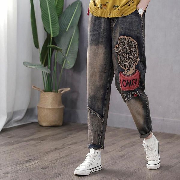 

women -xl retro patch embroidered loose jeans oversize waist cartoon casual harem pants cool women's, Blue