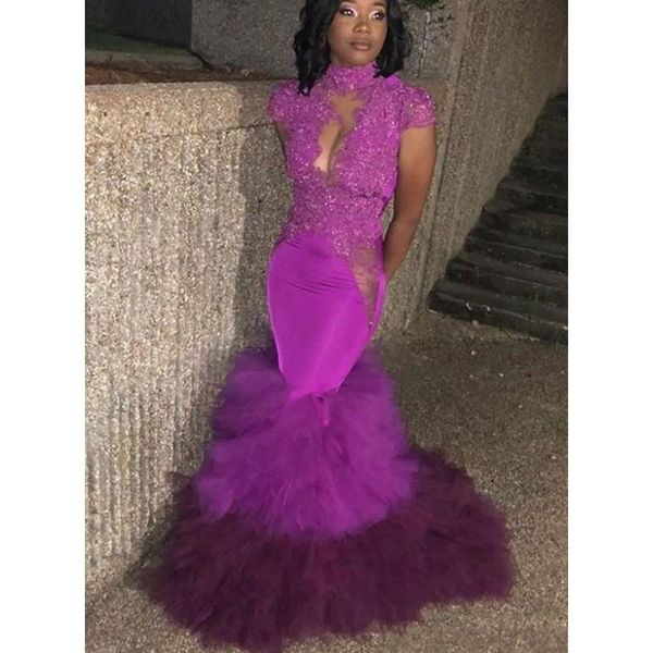

long mermaid prom dresses short sleeve tull tiered floor length lace applique high neck formal evening party gowns, White;black