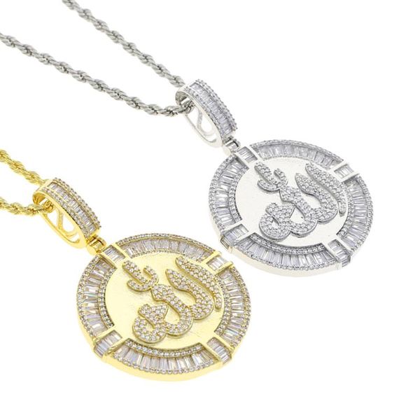 

chains iced out silver color round muslims necklace pave zircon baguette cz pendant women men hip hop jewelry