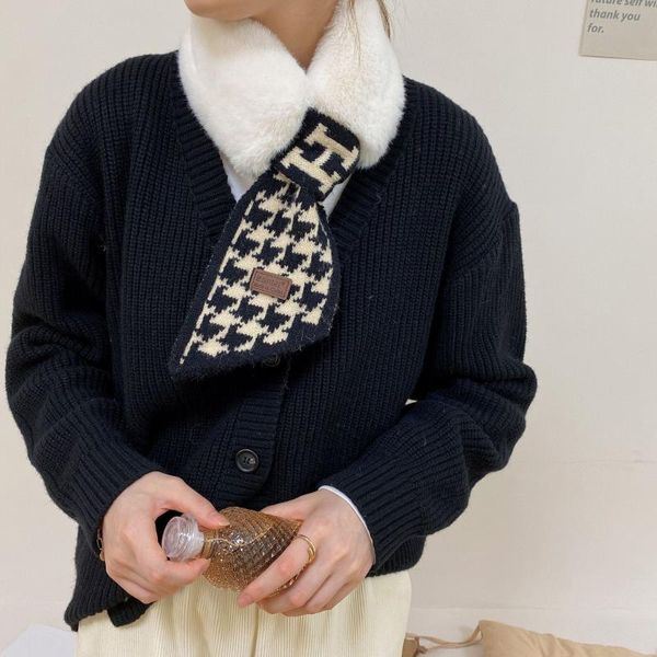 

scarves jtvovo 2021 set of fur winter warm women's letter print bib korean fashion houndstooth cross scarf cravat, Blue;gray