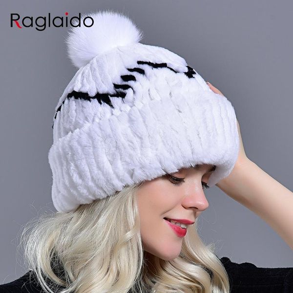 Berets Real Fell Strickhut Frauen Winter warmer Rex natürliche dicke stilvolle Mädchen Pompom Outdoor modische Hüte Kappen