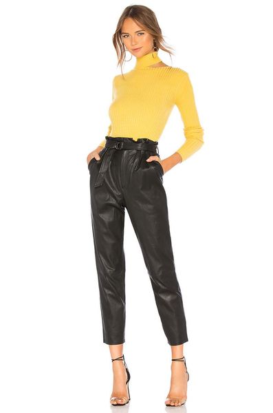 

women's pants & capris fashion womens high waist paperbag cigaratte pu leather stretch trousers ladies with sashes, Black;white