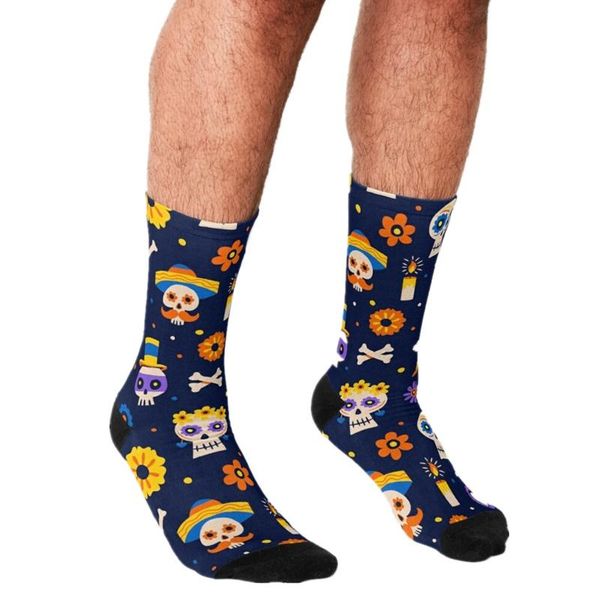 

men's socks funny halloween the day of dead pattern printed hip hop happy cute boys street style crazy for men, Black