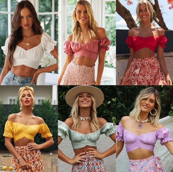 

women's blouses & shirts women summer boho lantern sleeve v-neck back lace-up pleated crop fashion bohemian beach vacati, White