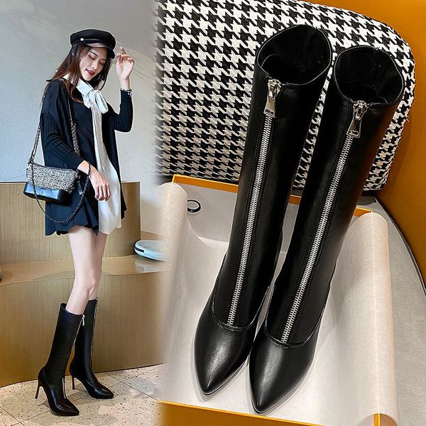 

women leather knee high boots2022 warm winter shoesmetal thin heelfront zipslim botasfashion pointed toeblackdropshipping, Black
