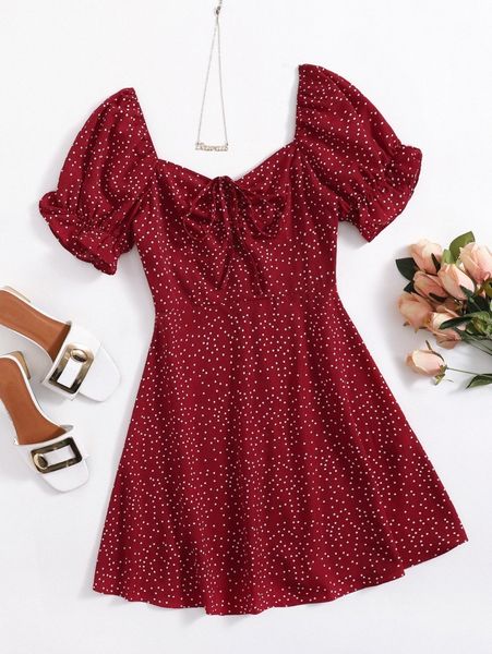 

sweetheart neck puff sleeve drawstring ruched dalmatian dress d9se#, Black;gray