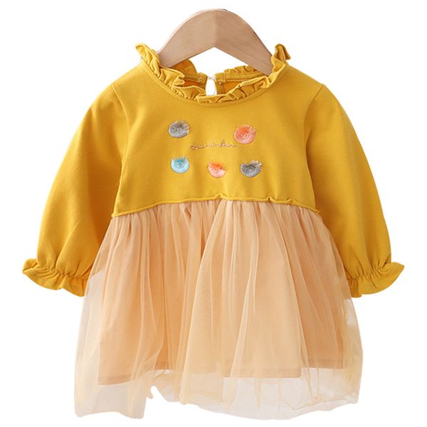 

spring 2021 new girl clothing girl dress cute long sleeve flower lace princess dress baby girl dress clothes, Red;yellow