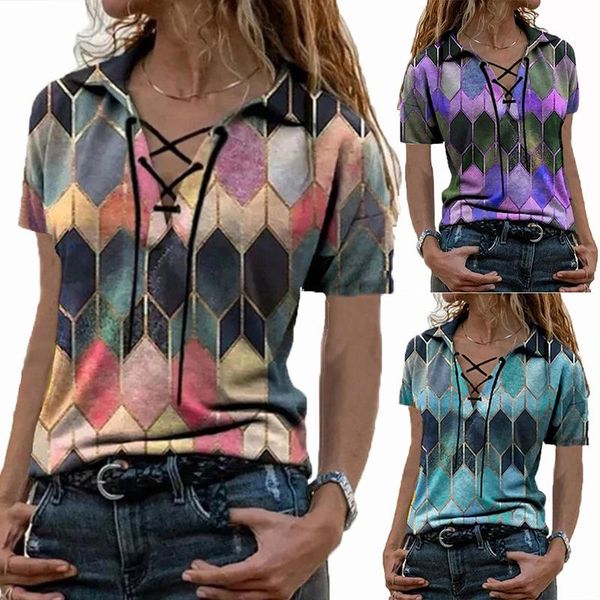 

summer urban casual loose print short sleeve lace up v-neck t-shirt women's, White