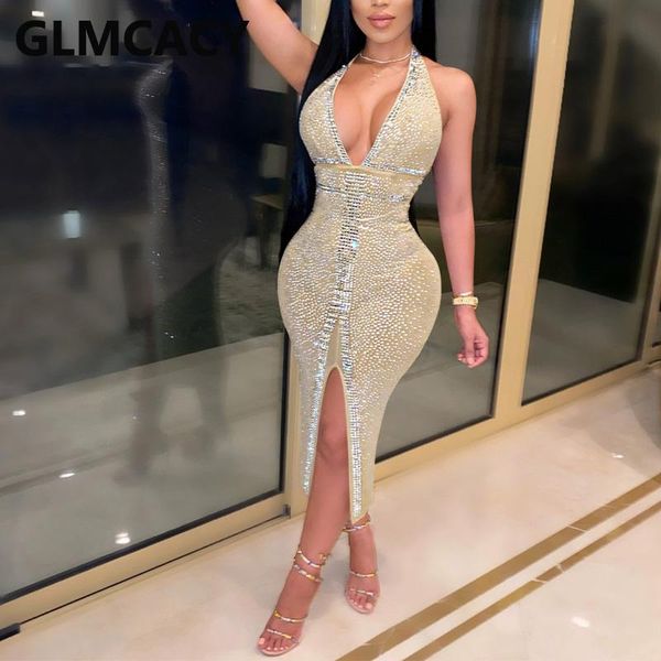 

women v neck halter dress glitter sparkly embellished backless slit party dresses casual, Black;gray