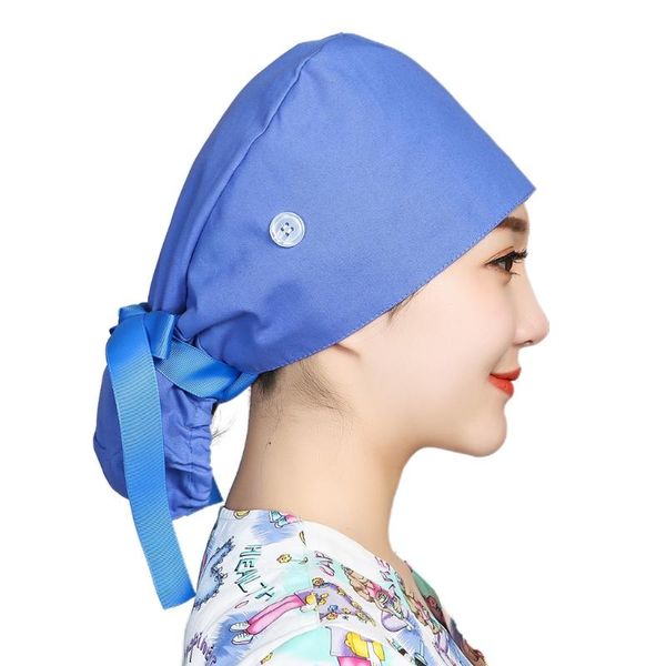 

beanie/skull caps women working scrub cap with buttons ribbon tie sweatband solid bouffant hat, Blue;gray