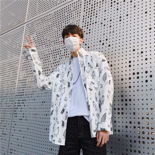 

men's casual shirts shirtspring and autumn fashion graffiti shirt korean loose student coat men's hip hop long sleeve rv38, White;black