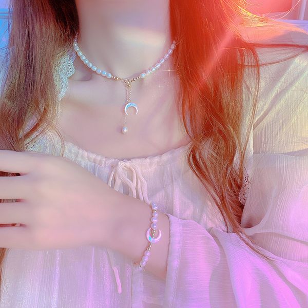 

french freshwater pearl necklace female tassel crescent pull design neck chain new fashion bracelet clavicle, Black