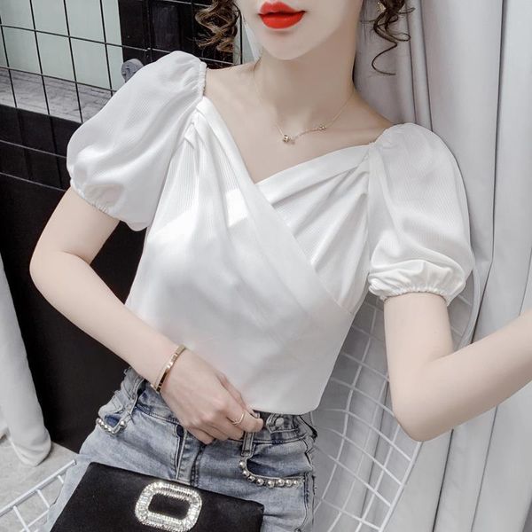 

women's blouses & shirts 2021 women spring summer casual solid chiffon female sweet v-neck puff short sleeve blouse ladies elegant l19, White