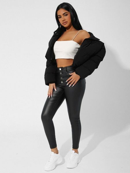 

petite button fly leather look jeans k5nj#, Blue