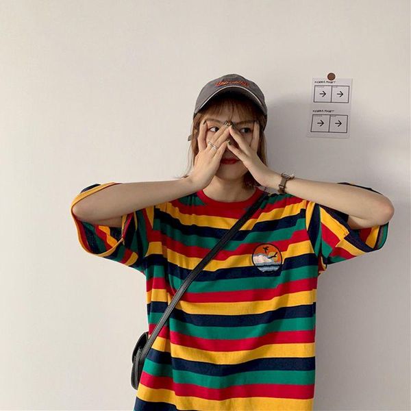 

rainbow kpop cotton tshirt harajuku t-shirt womens clothes oversized t shirt 2021 summer dark casual loose o-neck tees women's, White