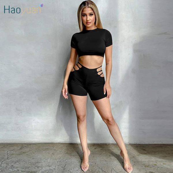 

women's tracksuits haoyuan two piece tracksuit short sleeve crop hollow out biker shorts for women matching sets summer night club, Gray