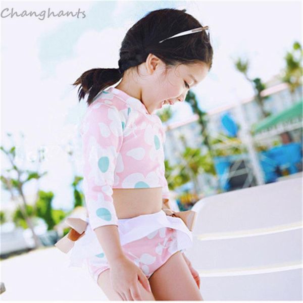 

one-piece suits 7-11 y girls two pieces swimwear pink with floral print kids swimsuit children bathing long sleeve sandy beachwear