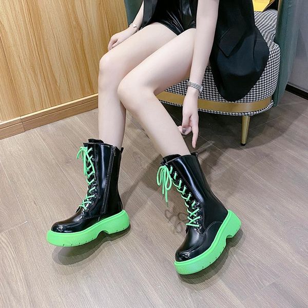 

boots women's fashion thick-soled patent leather lace-up ankle punk sole mid-tube, Black