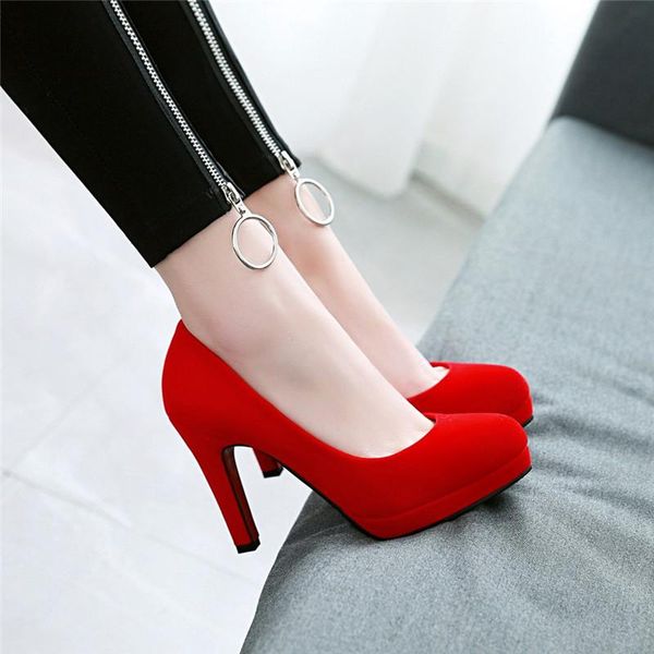 

dress shoes ymechic womens red black slip on heels flock platform stiletto woman pumps large sizes autumn 2021 shallow