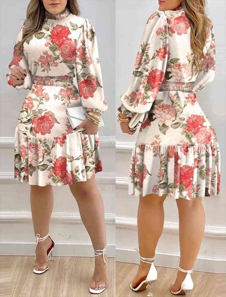 

autumn floral print shirred womens dress ruffle femme casual lantern sleeve corset robe office lady outfits traf vestidos, Black;gray