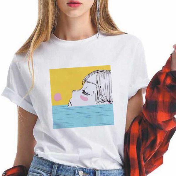 

women's t-shirt summer take a bath women t shirt young girl close to nature european streetwear round neck white t-shirts modern hipste