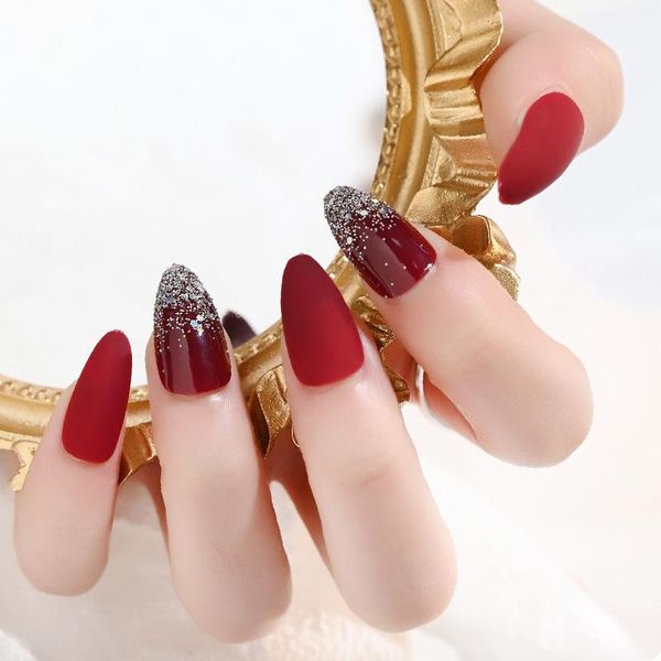 

false nails 24pcs reusable stick-on-nails acrylic full cover nail colorful beauty artificial tips with glue, Red;gold