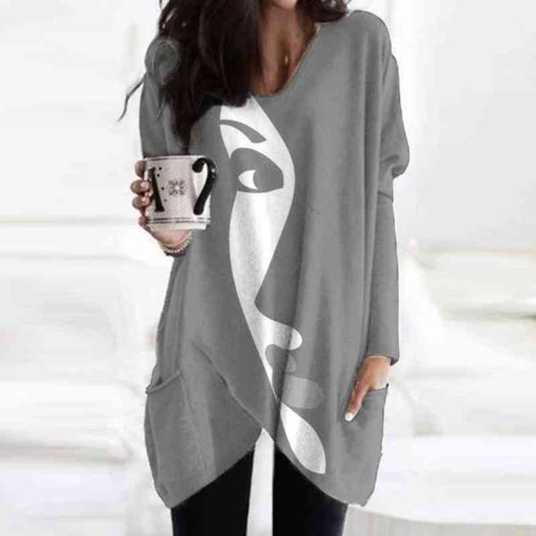 

knits vintage abstract pattern long blouse shirt women elegant v-neck irregular pullover ladies casual pocket oversized blusa n8ey e2ej, White