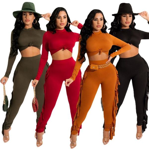 

women's two piece pants somoshein fashion tassel set crop tracksuits for women elastic pant sets pure color casual woman fall cloth, White