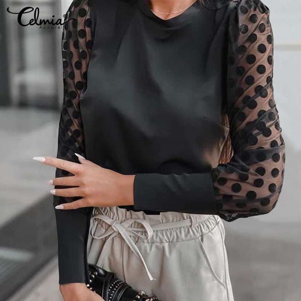 

blouses celmia casual polka dot see through women long o-neck blouses fashion mesh sleeve party tunic plus size blusas femme, White