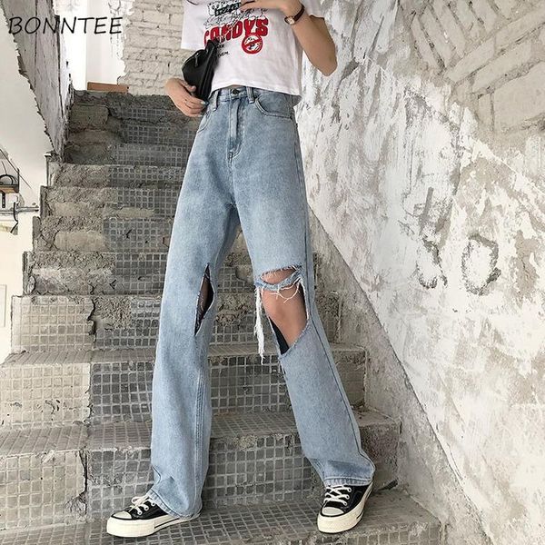 

women's jeans women summer trendy all-match simple loose high waist soft chic fit ulzzang ins retro hole female leisure daily pocket, Blue