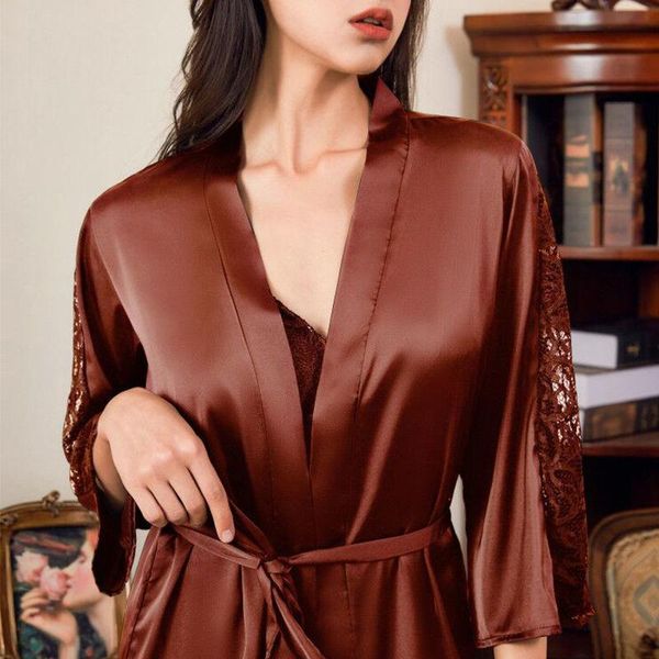 

women's sleepwear qweek silk robe sets woman 2 pieces lace night dress nightgown summer bathrobes backless nightie dressing gown, Black;red