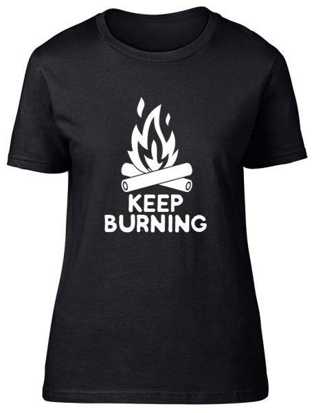 

keep burning camping womens ladies fitted t-shirt, White;black