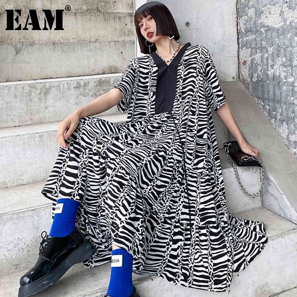 

[eam] women black big size zebra stripes casual dress v-neck short sleeve loose fit fashion spring summer 1dd7405 21512, Black;gray