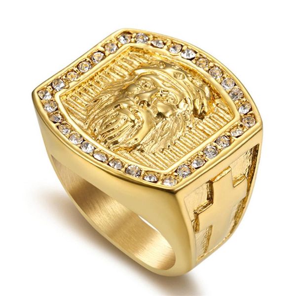 

cluster rings hip hop jewelry iced out jesus cross ring gold color stainless steel for men religious drop bague homme, Golden;silver