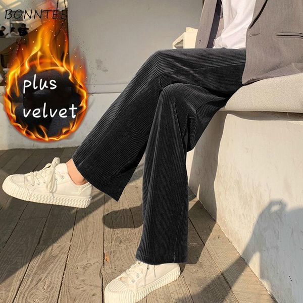 

women casual pants corduroy plus velvet thicker solid simple loose all-match straight trousers female korean style daily cozy women's &, Black;white