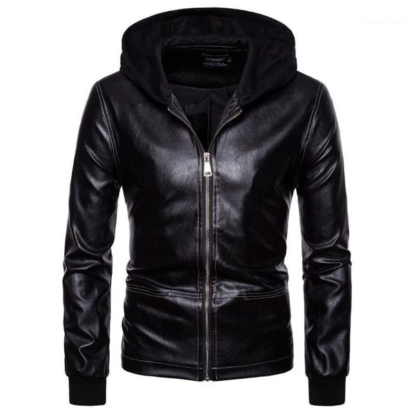 

men's fur & faux drop fashion men leather jackets motorcycle pu male bomber hooded clothes outerwear long sleeves coat, Black