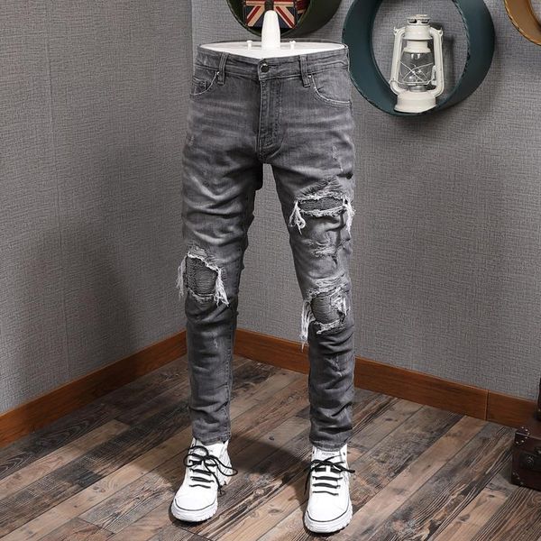 

men's jeans american street style fashion men retro gray elastic slim fit ripped patches designer hip hop denim punk pants, Blue