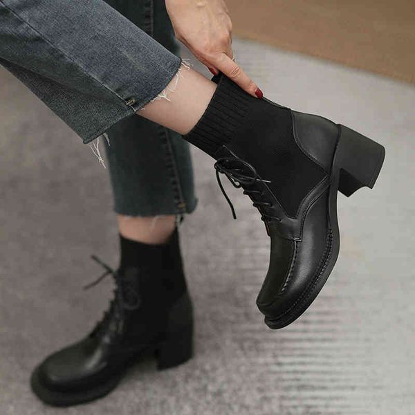 

boots women ankle boots natural leather shoes more size 22-26cm elastic fall short thin black 04va