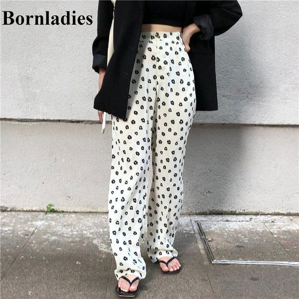 

women's pants & capris bornladies floral black high waist loose printed chic 2021 women slender slim casual straight wide leg, Black;white