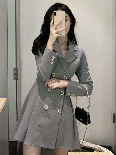 

casual dresses women stylish office wear mini dress autumn long sleeve double bleasted elegant female notched collar mujer qa062, Black;gray