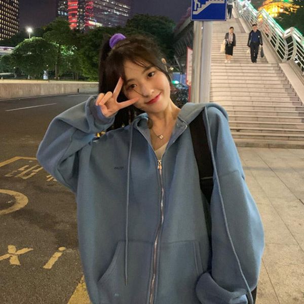 

women's hoodies & sweatshirts zip up hoodie korean style women for teen girls oversized vintage pullover sweartshirt veste polaire femm, Black