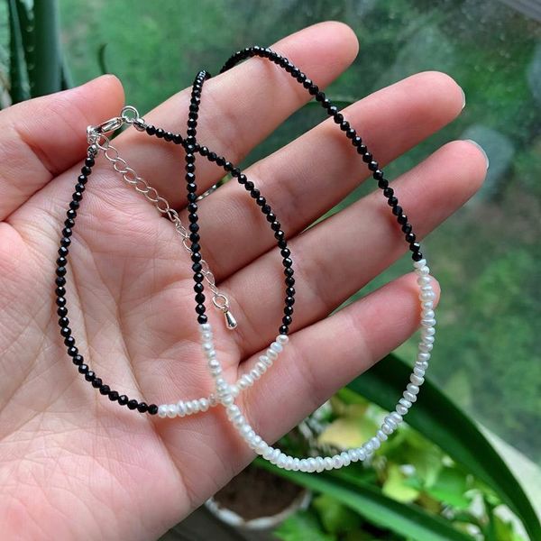 

sjcho-129 jewelry 2mm small black obsidian choker necklace tiny white baroque pearl beaded natural freshwater chains, Silver