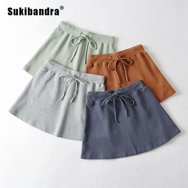 

sukibandra summer lace up elastic waist cotton woman women skirt solid color female grey a line mini skirts womens 2021 clothes, Black