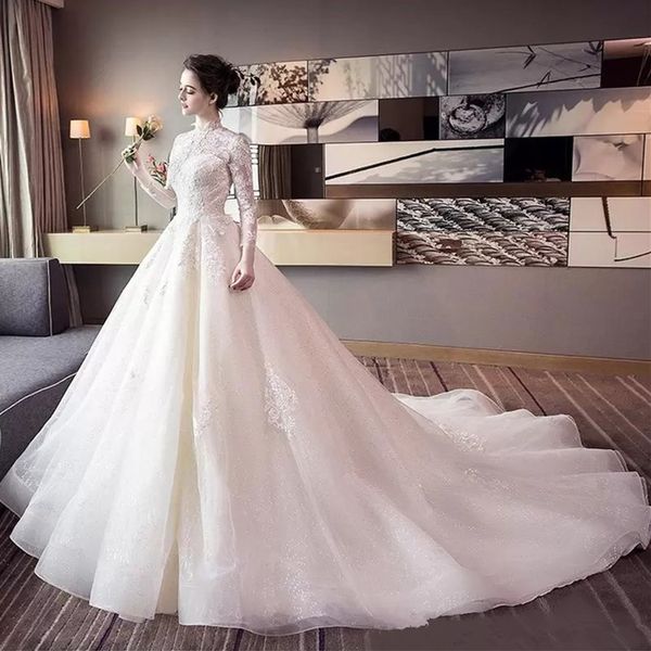 

3d flower lace high neck wedding dresses long sleeves garden sweep train plus size bridal gown vestido de noiva, White