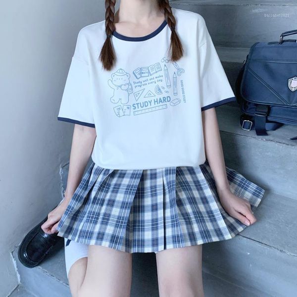 

women's t-shirt summer style japanese soft girl cartoon print color matching raglan sleeve loose short top, White