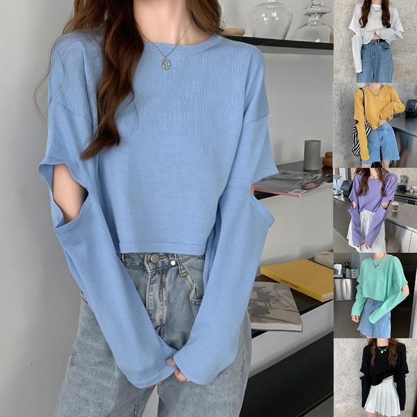 

knitting jumper cropped shirts women o neck long sleeve ladies short pullover women's hollow out blouses &, White