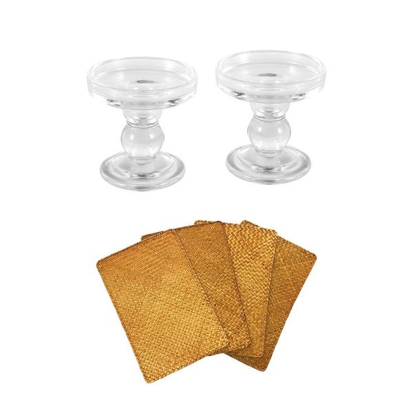 

candle holders afbc 2x clear glass pillar holder (3.15inch) & 4x natural seagrass place mathand-woven rectangular rattan placemats