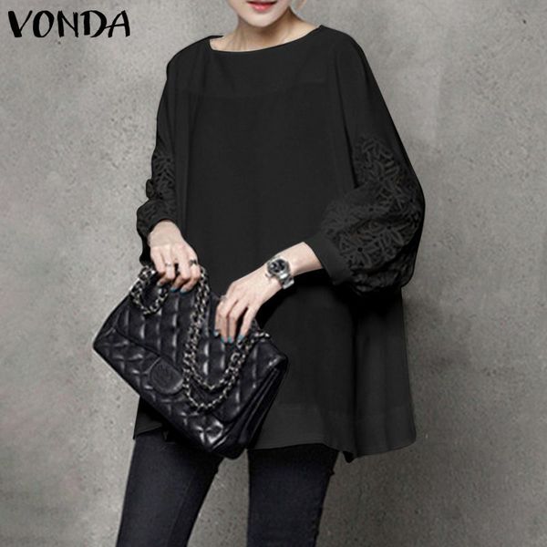 

women's polos vonda autumn spring lace patchwork blouses women 2021 fashion shirts office ladies solid long sleeve plus size, White