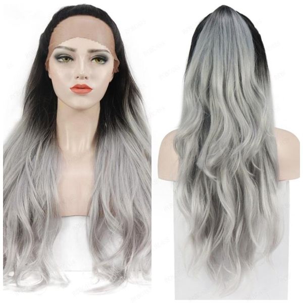 

synthetic wigs rebcass ombre grey lace front wig heat resistant fiber natural hairline two tone color half ponytail hair for women, Black
