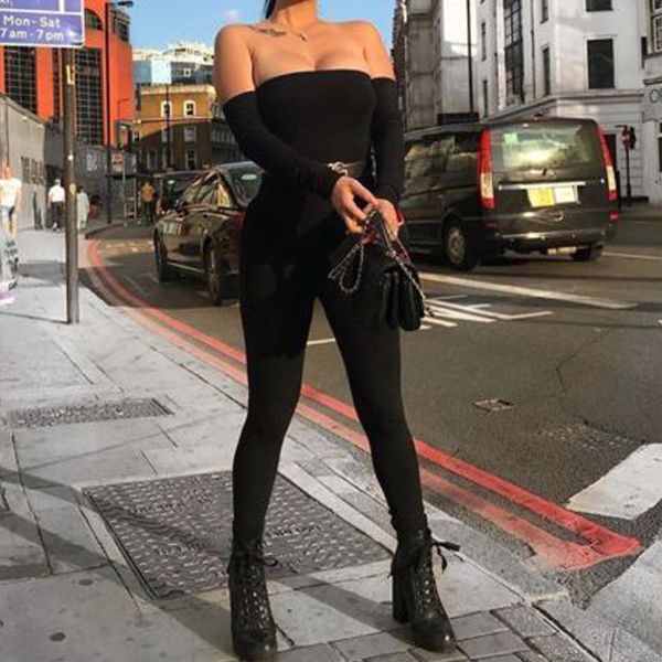 

jumpsuit women off shoulder bodycon long sleeve clubwear playsuit jumpsuits rompers skinny jumpsuits female black trousersing, Black;white